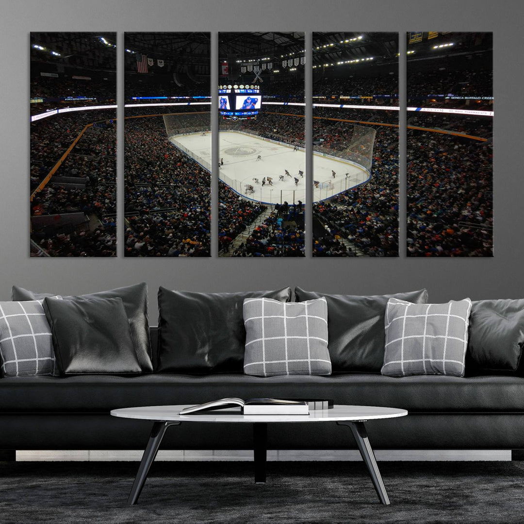 The nautical-themed room is enhanced by the KeyBank Center New York Buffalo Sabres Hockey Stadium Wall Art Canvas Print, a three-panel depiction of a bustling hockey arena with a gallery-quality finish. This canvas artwork, handmade in the USA, introduces an element of sporting elegance to your decor.