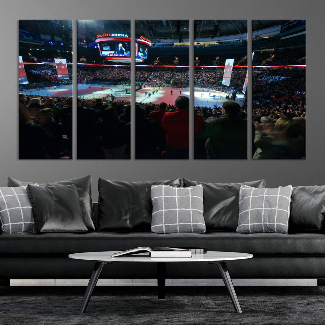 Experience the intense atmosphere of a full-capacity ice hockey game at Rogers Arena, home of the Vancouver Canucks, captured on museum-quality canvas.