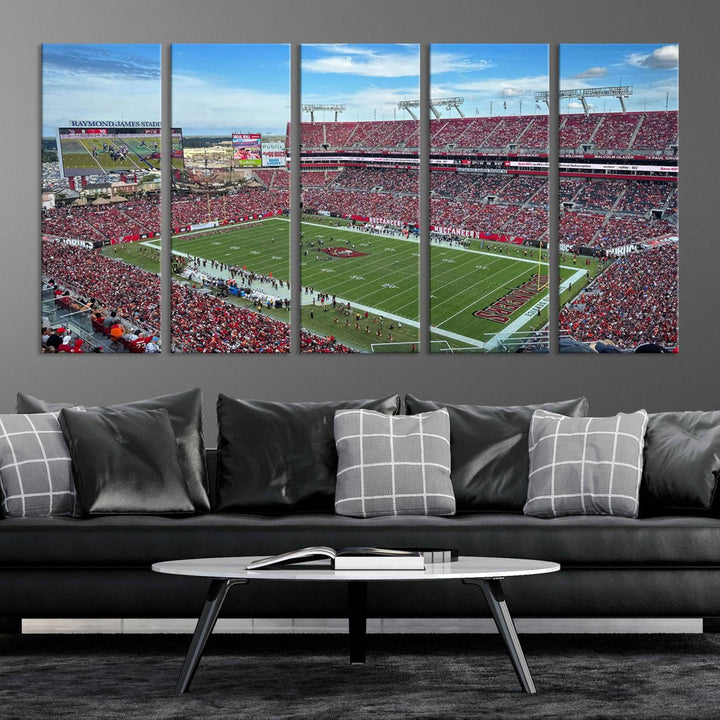 The Florida Tampa Raymond James Stadium Wall Art Canvas Print is featured above the cabinet.