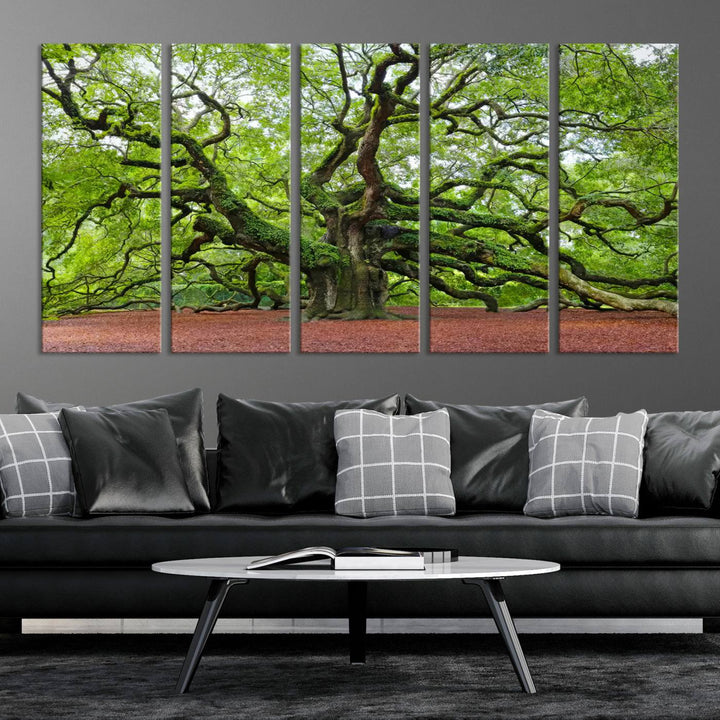 Framed Angel Oak Tree Wall Art - 3-Panel Canvas Prints, Large Green Nature Artwork, Ready to Hang Home Decor for Living Room, Office, Bedroom