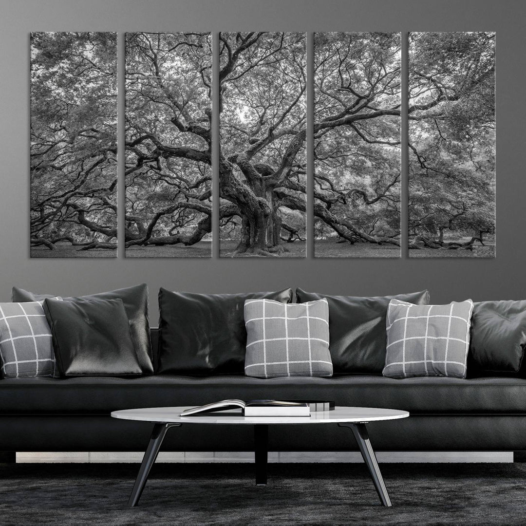 Majestic Angel Oak Tree Black and White Canvas Print – Multi Panel Wall Art, Giclée Print, Ready to Hang Nature Photography for Home Decor