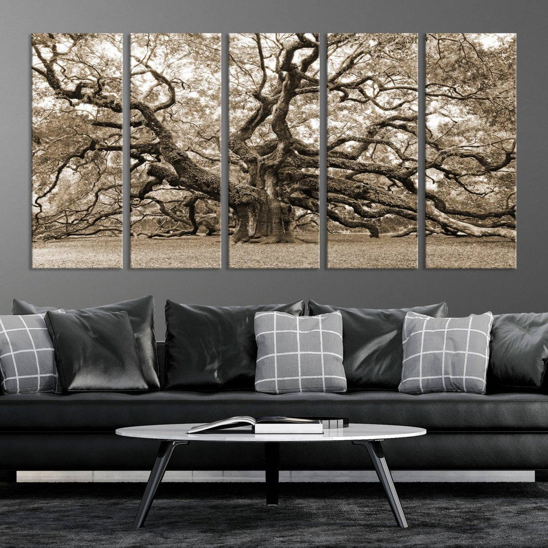 Sepia Framed Angel Oak Tree Wall Art - 3-Panel Canvas Prints, Large Green Nature Artwork, Ready to Hang Home Decor for Living Room, Office, Bedroom