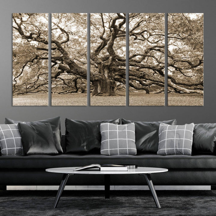 Displayed on the wall is a Sepia-framed Angel Oak Tree 3-panel canvas.