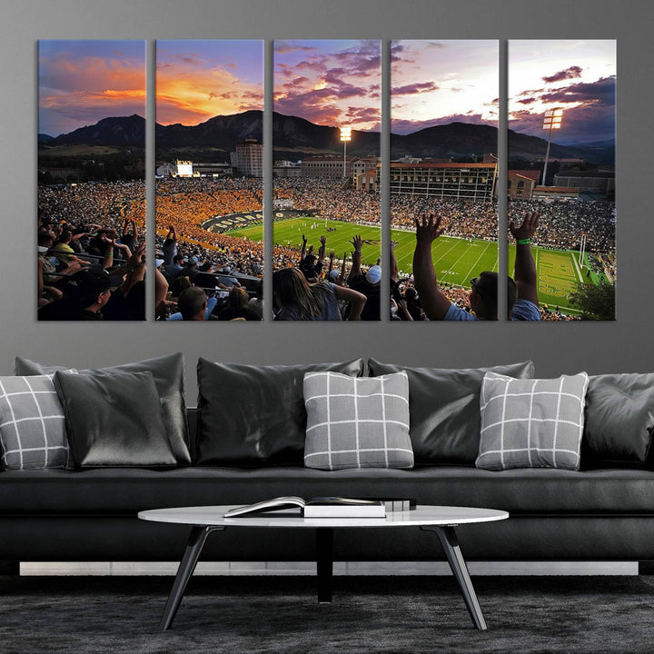 The Folsom Field Stadium Print beautifully captures the Colorado Buffaloes stadium at sunset, set against a stunning mountain backdrop.