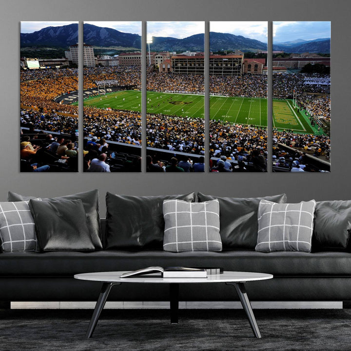 A canvas print captures the Colorado Buffaloes at Folsom Field, framed by mountains in the background.