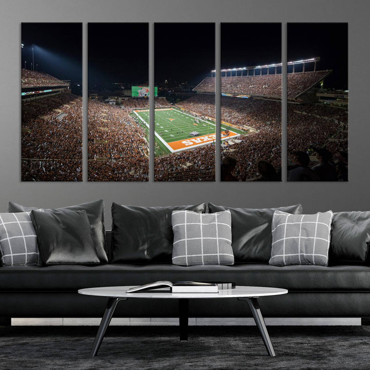 A football game at a packed stadium is captured on the University of Texas Longhorns Stadium Canvas Print.