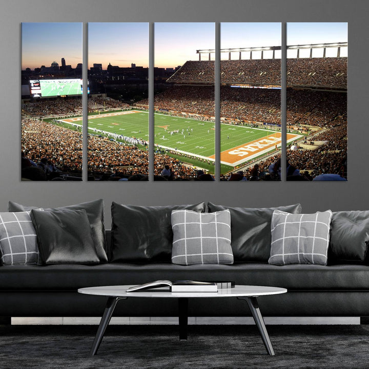 The Evening Game canvas art captures a glowing sunset and skyline at Texas Longhorns Darrell K Royal Stadium.