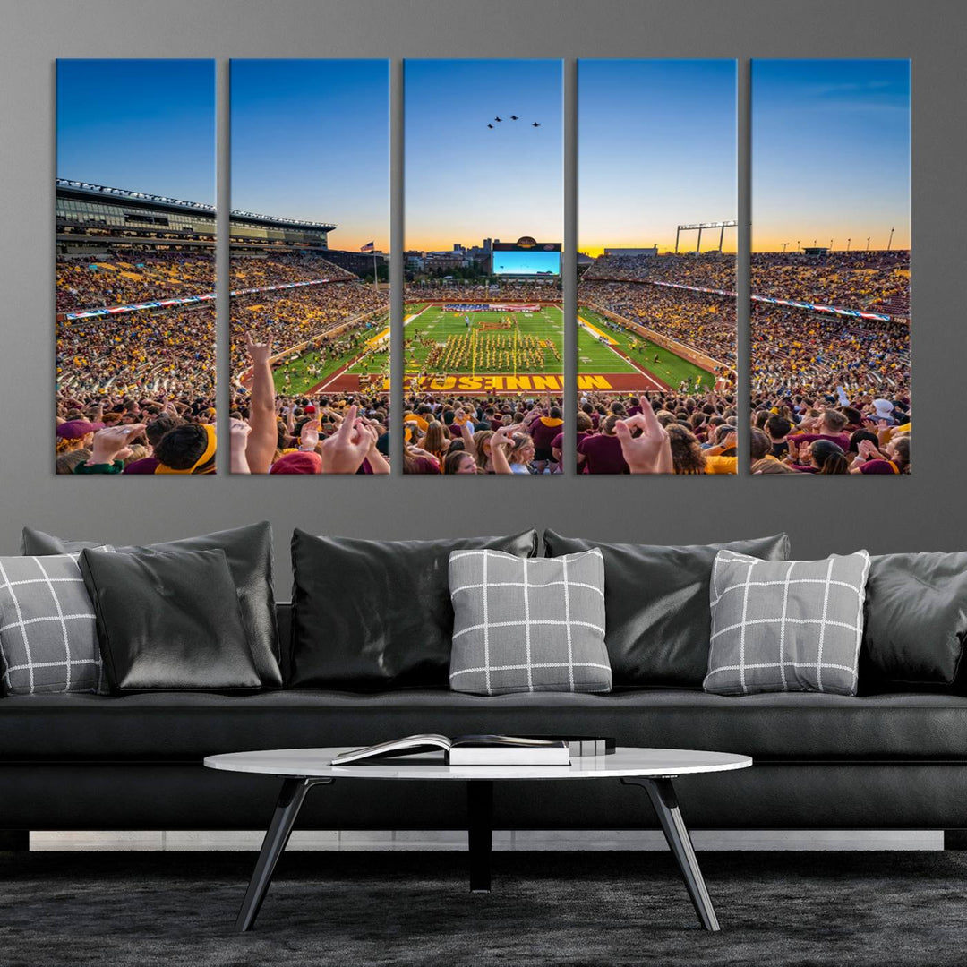 Canvas wall art featuring the University of Minnesota Football Team print, showcasing Huntington Bank Stadium at sunset with jets overhead.