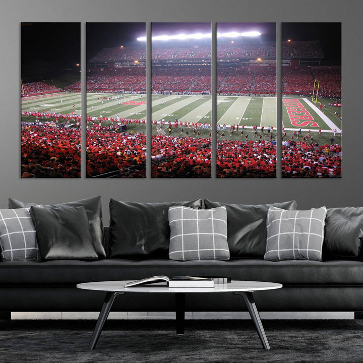 A bustling night game at SHI Stadium is captured as Rutgers Scarlet Knights wall art on a gallery-quality canvas print.