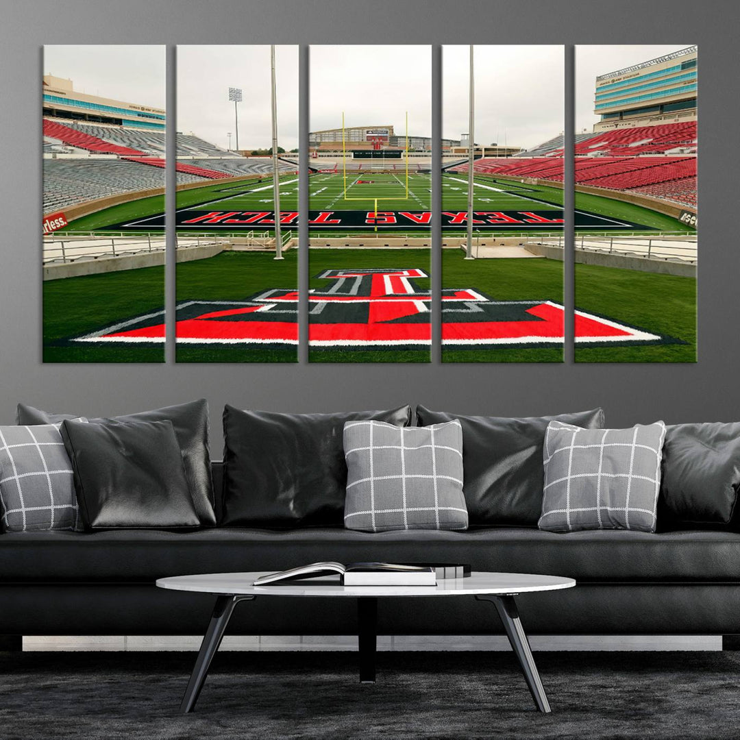 Gallery-quality print of Lubbock Jones AT&T Stadium featuring the Texas Tech Red Raiders field, highlighted by red and gray bleachers.