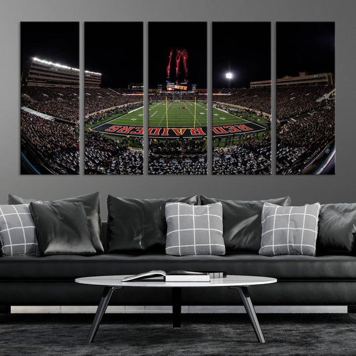 The wall features a Texas Tech Red Raiders Football Team Print on canvas, showcasing fireworks over a packed stadium at night.