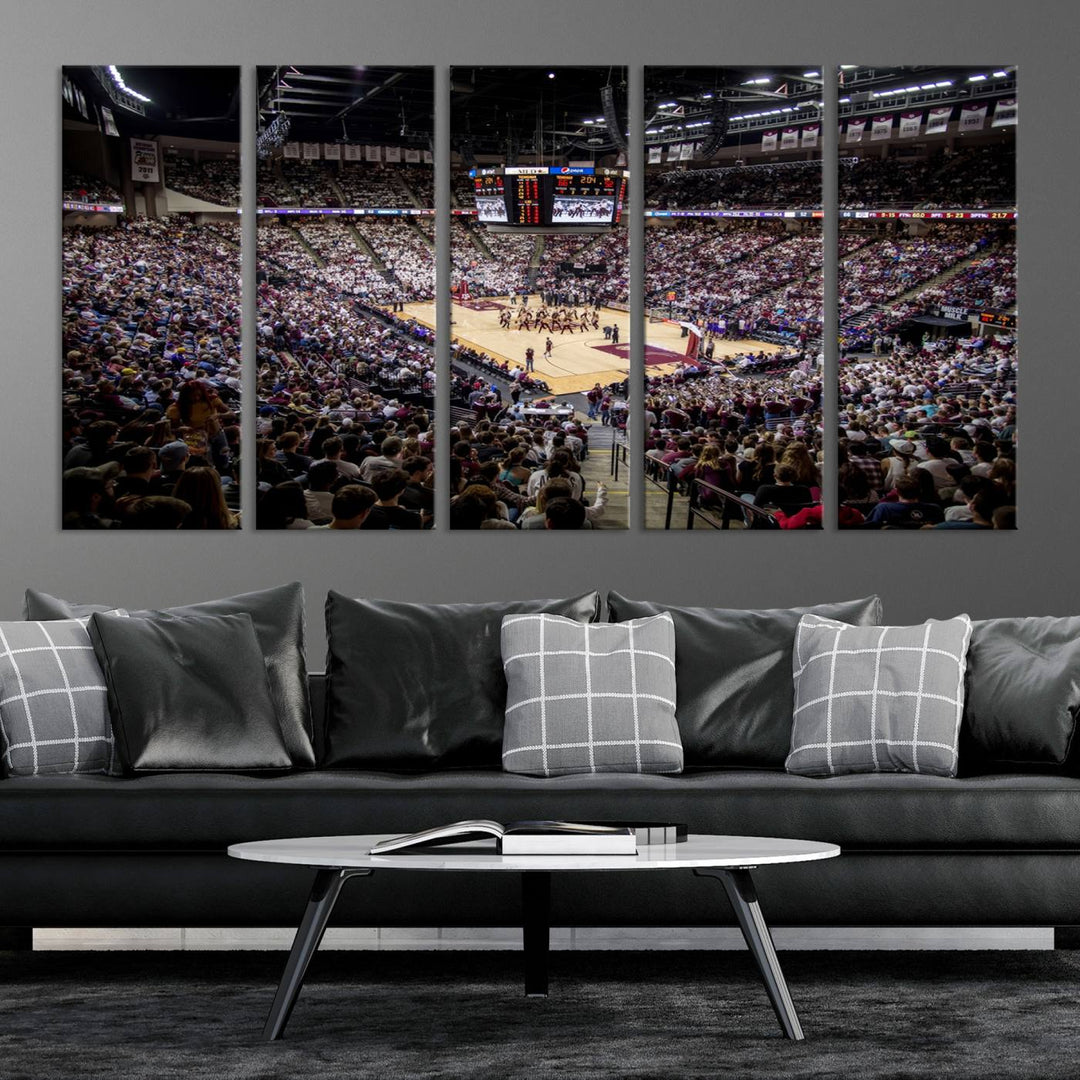 The Nebraska Basketball Arena Wall Art Canvas features an arena filled with Cornhuskers fans and players beneath a scoreboard.