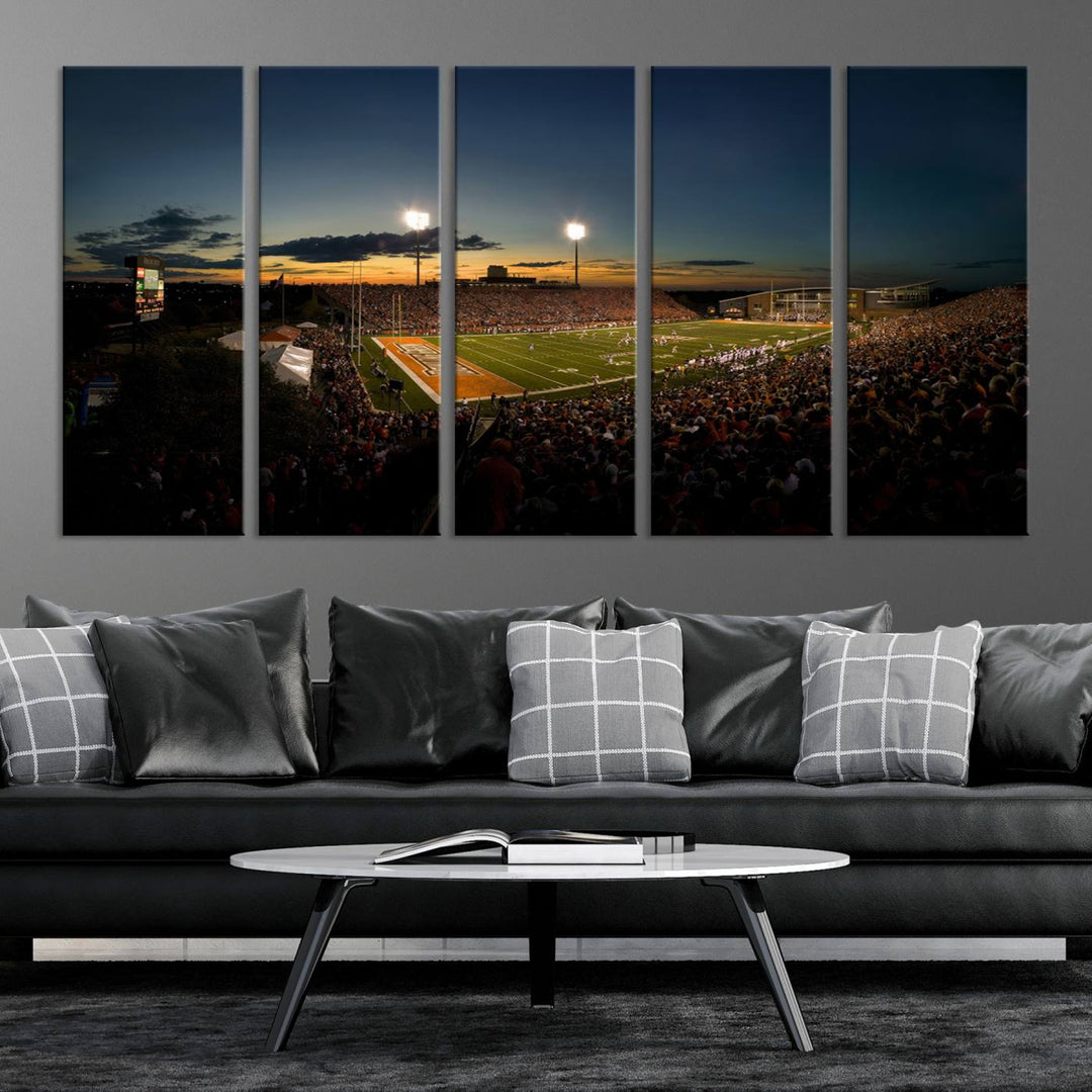 Ball State Cardinals Football Team Print - Muncie Scheumann Stadium Canvas featuring a sunset, floodlights, and lively crowd.