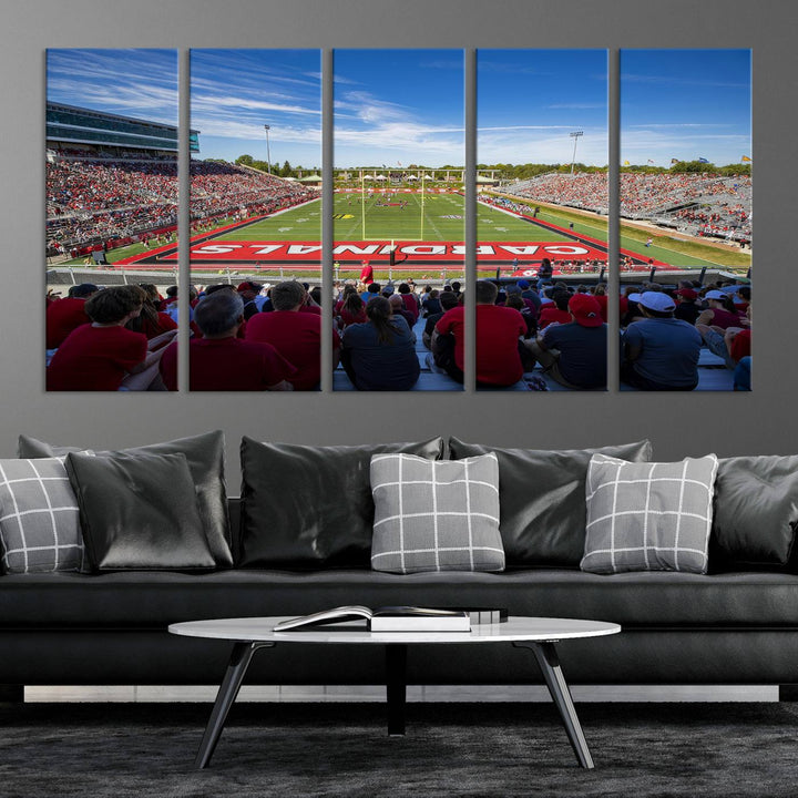 The Ball State Cardinals wall art on canvas depicts fans in red at Scheumann Stadium.