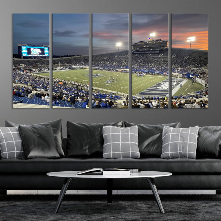 A Memphis Tigers football canvas print of Simmons Bank Liberty Stadium at sunset enhances the living room.