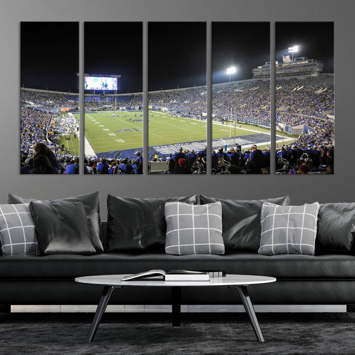 A vibrant depiction of Liberty Stadium at night, highlighting a Tigers football game on the large screen with stands filled with enthusiastic fans.