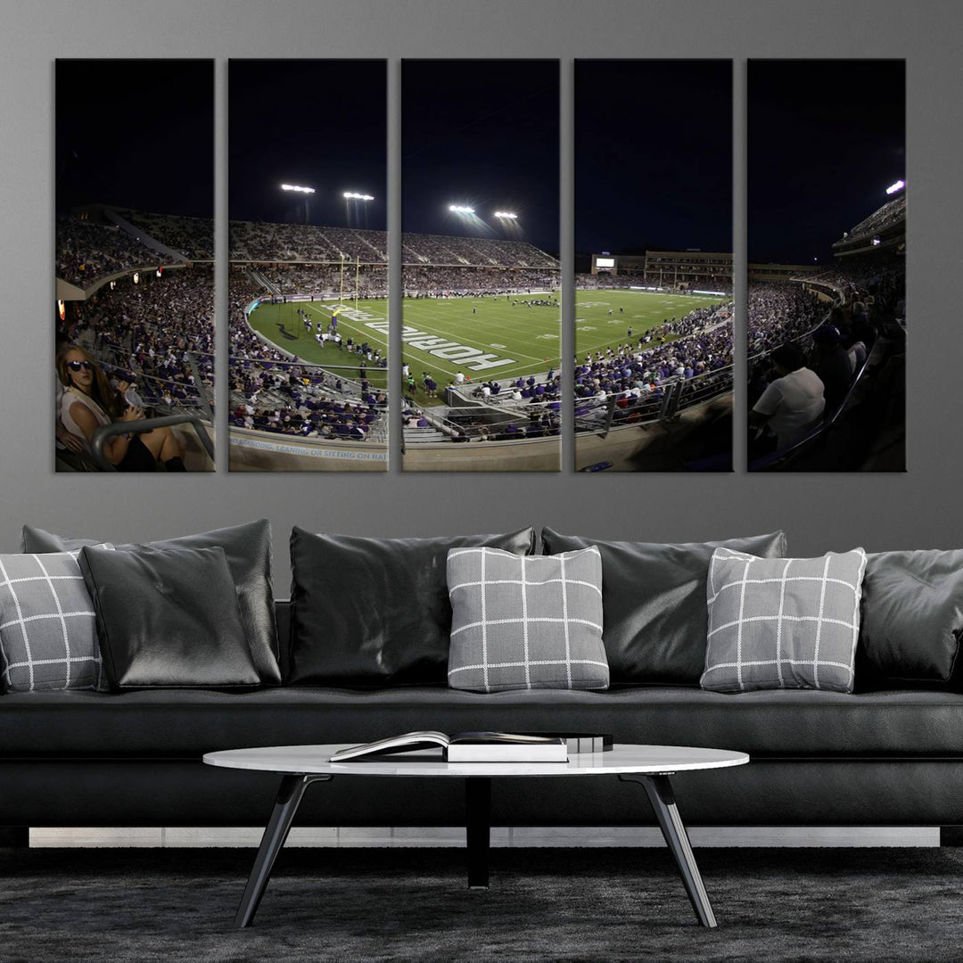 The wall art print features a night view of Amon G. Carter Stadium filled with TCU fans, showcased in the Horned Frogs Football Canvas Wall Art.