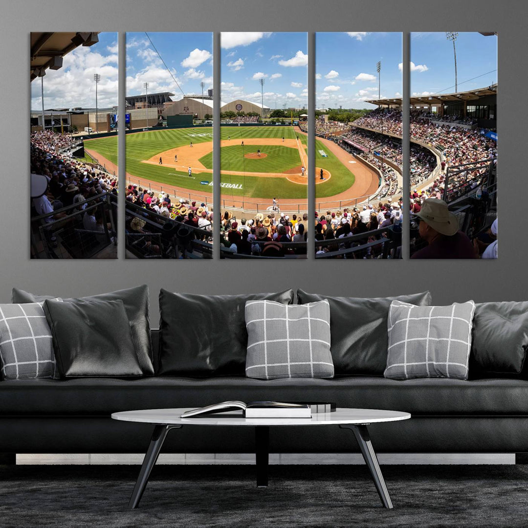 A baseball stadium under a blue sky, capturing the energy of The Texas A&M Aggies Athletics Kyle Field Wall Art.