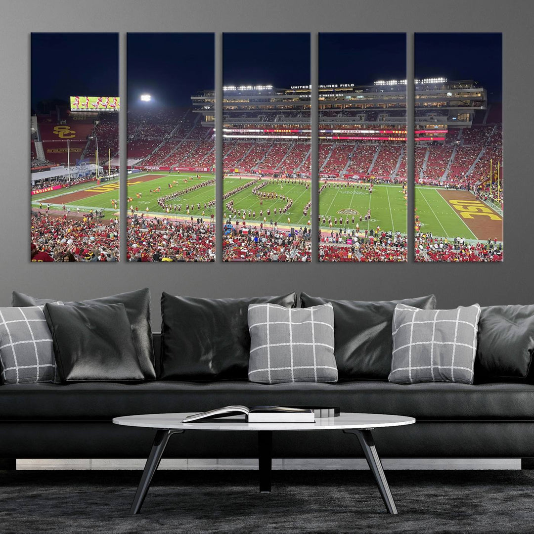 Canvas print depicting a packed stadium at night with a marching band forming USC, celebrating the Trojans at Los Angeles Memorial Coliseum.