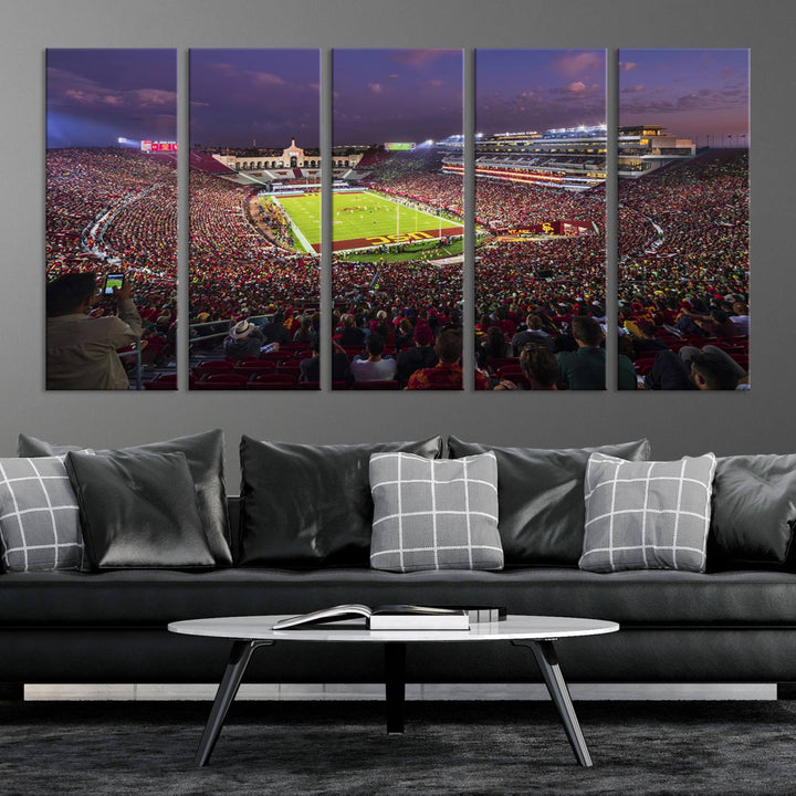 The vibrant wall art canvas print captures the USC Trojans playing under lights at dusk in LA Memorial Coliseum.