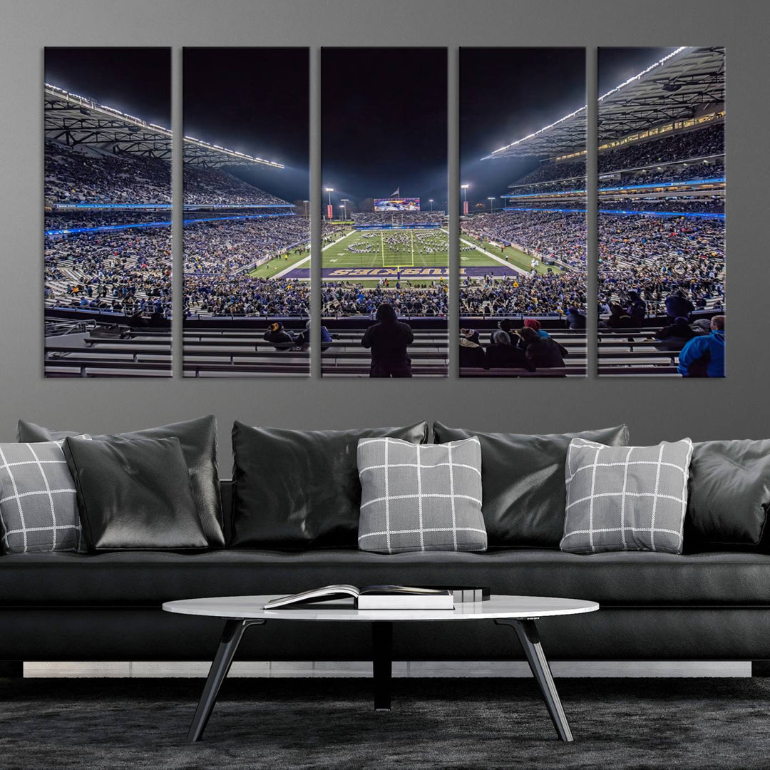 A canvas print titled The University of Washington Huskies Football depicts a packed Husky Stadium at night, as seen from the stands.