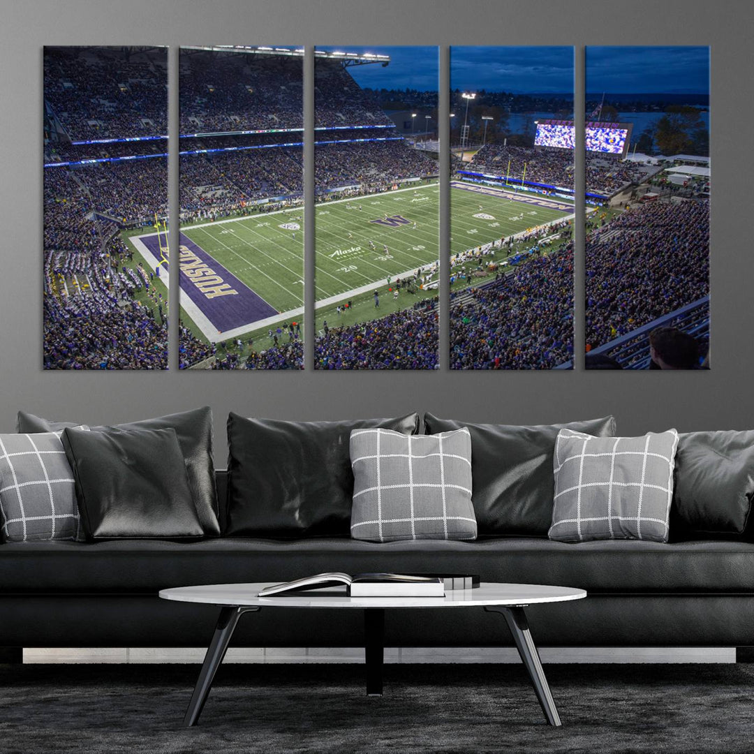 The University of Washington Huskies Football Team Print: Seattle Husky Stadium Wall Art Canvas captures a dusk stadium view.