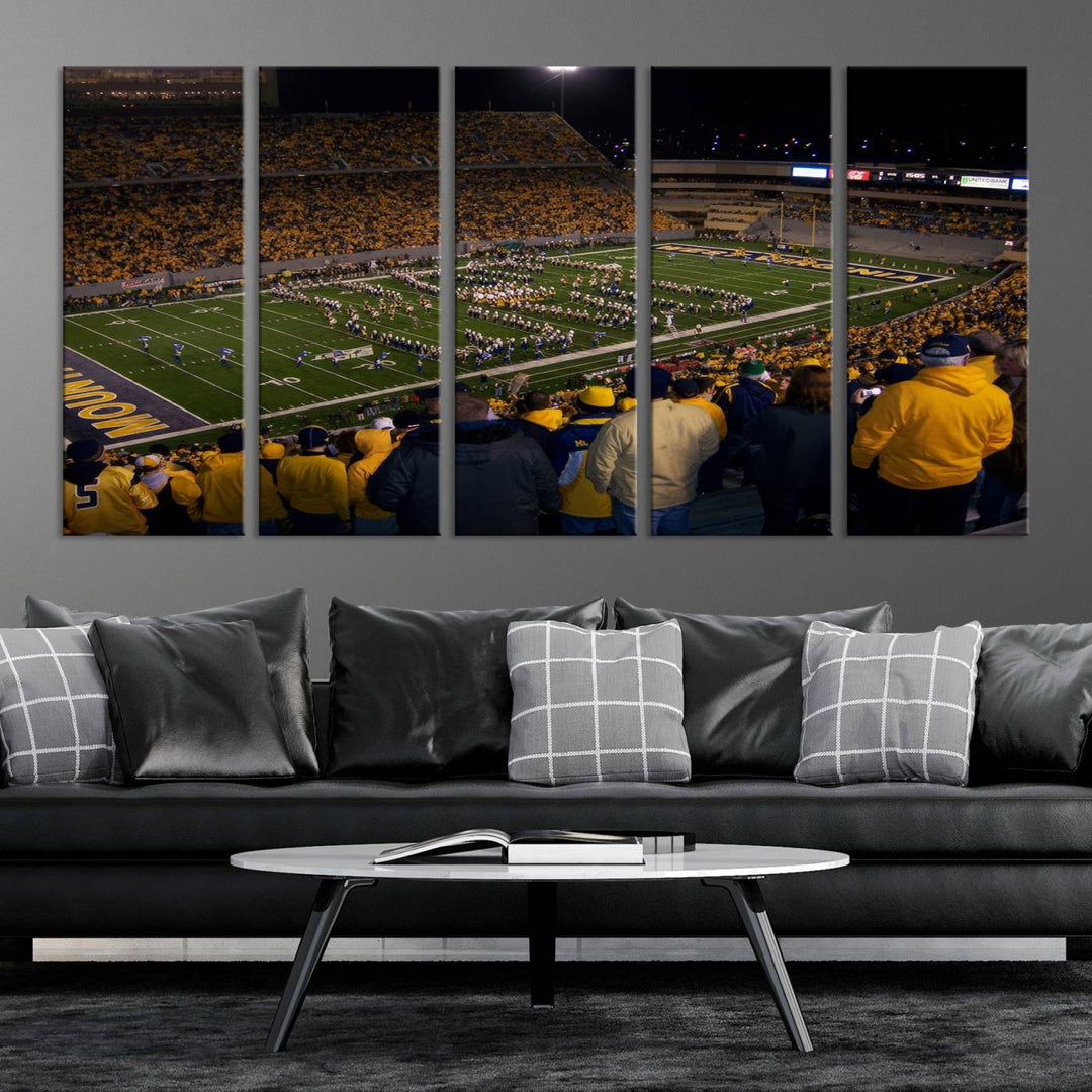 West Virginia Uni Mountaineers Football Team Print - Milan Puskar Stadium Canvas Print Wall Art, Morgantown Print