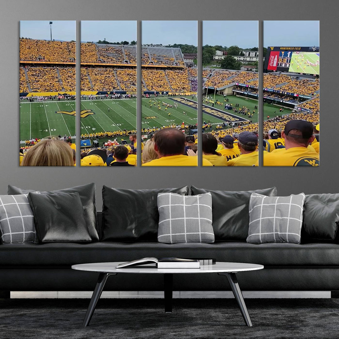 A Puskar Stadium canvas print decorates the modern living room shelf.