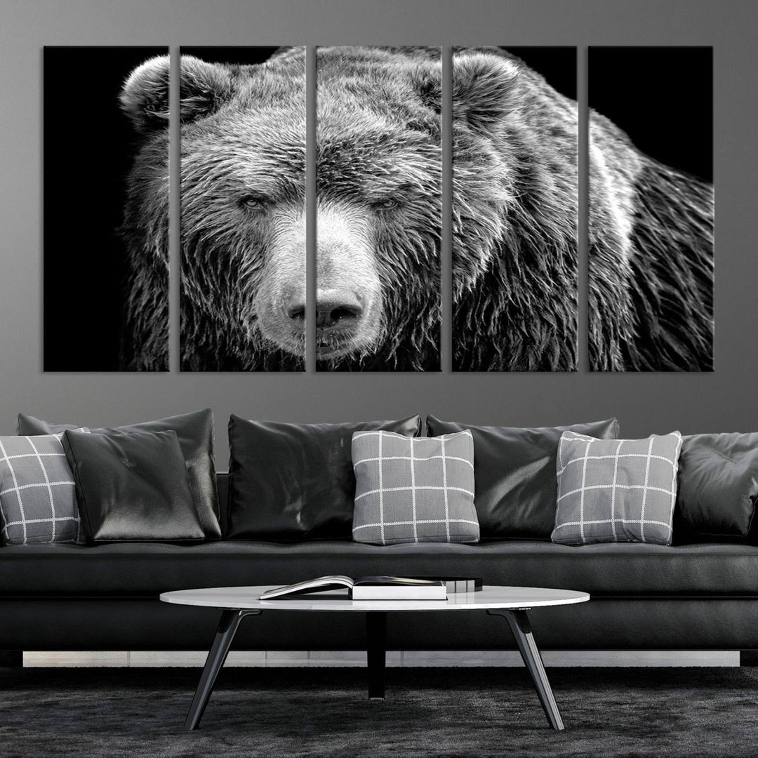 The 399 Grizzly Bear Canvas Print is displayed prominently on a wall in a modern living room.