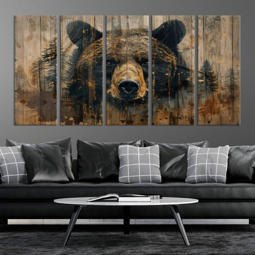 The Abstract 399 Bear Wall Art, featuring a rustic cabin theme with forest design, is framed and ready to hang. It's ideal for lodge, cabin, and barn decor and perfectly complements the nature lover's aesthetic.