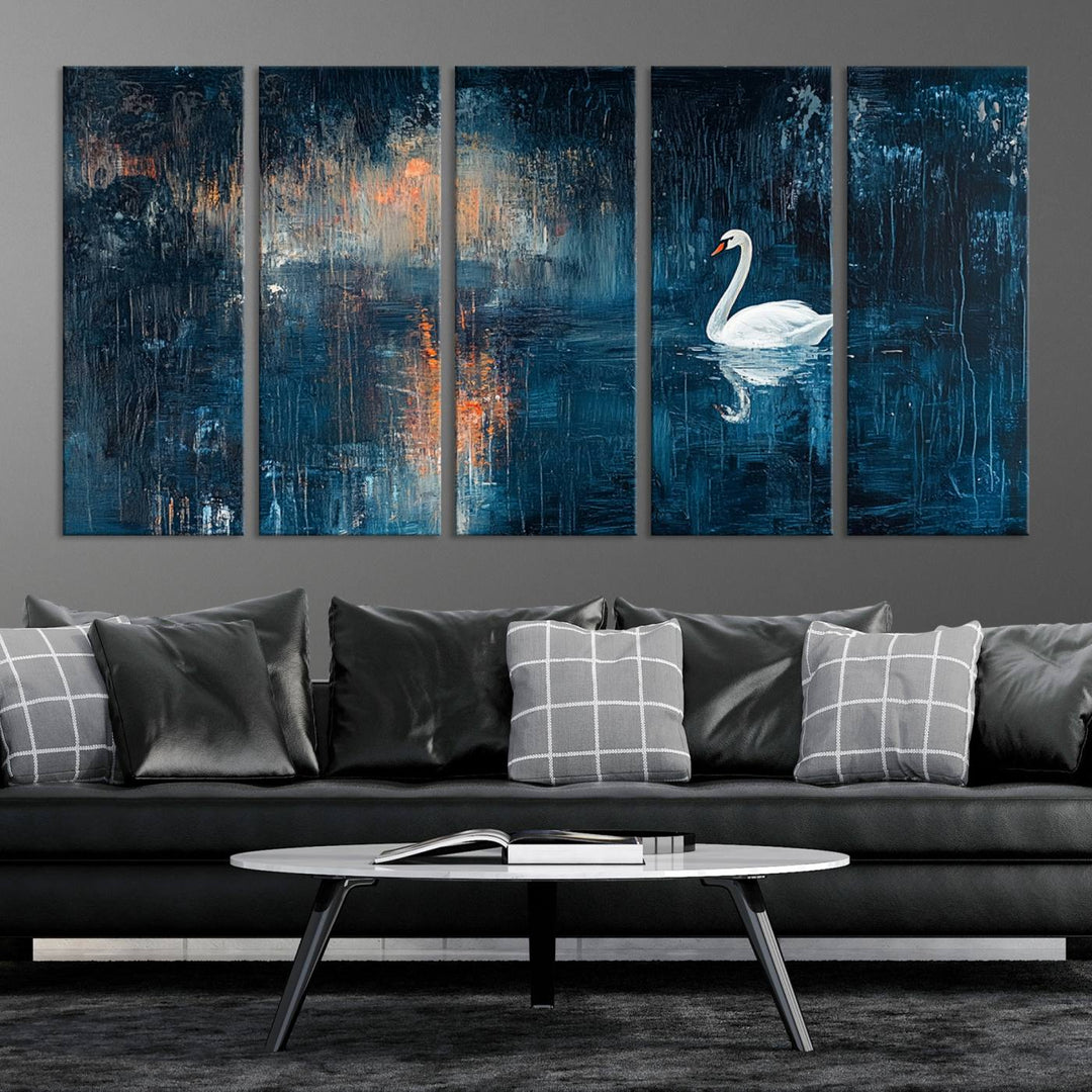 Abstract Swan Wall Art | Moody Blue and Orange Swan Painting on Canvas | Framed and Ready to Hang | Elegant and Modern Art for Living Room or Bedroom Decor