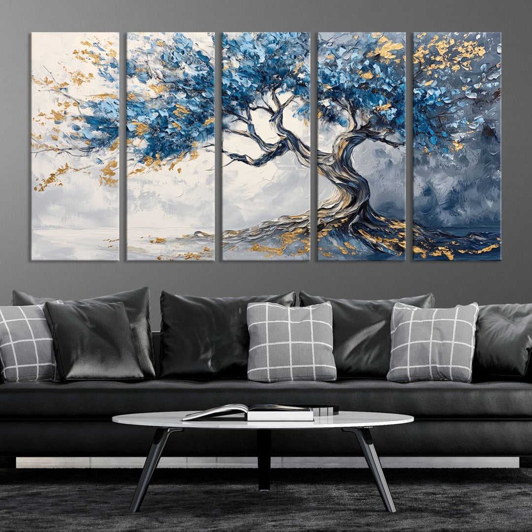 Elegant Abstract Tree Canvas Wall Art | Tree of Life Painting | Textured Art in Blue and Gold | Framed & Ready to Hang for Modern Living Room Decor