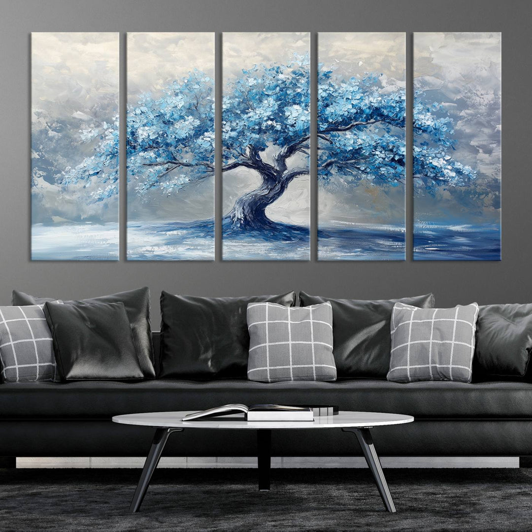 Serene Abstract Blue Tree Wall Art | Canvas Print of a Majestic Tree in Blue Hues | Perfect for Farmhouse, Coastal, and Modern Decor