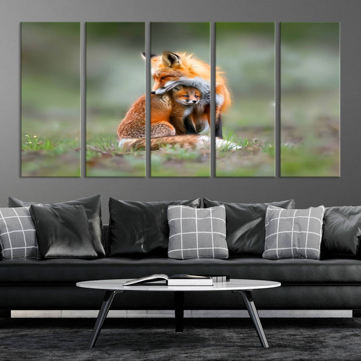 Heartwarming Fox and Baby Cub Wall Art | Ready to Hang Canvas Print of Foxes in Nature | Perfect for Animal Lovers, Rustic Decor, and Cabin Wall Art