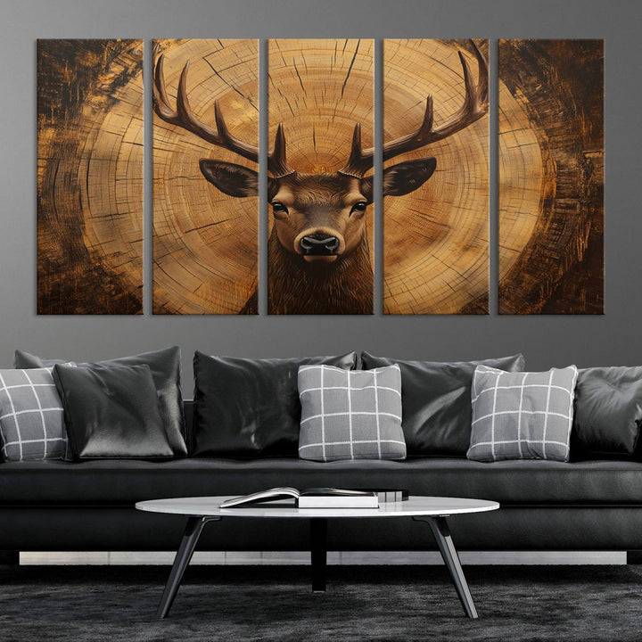 Deer Wall Art Canvas Print | Ready to Hang Canvas Print of a Stag with Rustic Tree Rings | Perfect for Farmhouse Wall Decor, Cabin Wall Art