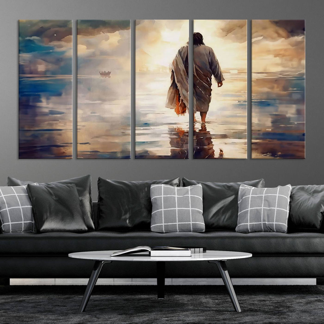 Jesus Walking on Water Wall Art | Ready to Hang Spiritual Triptych Canvas Print | Inspirational Christian Decor for Home or Church