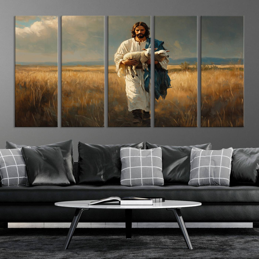 Jesus Shepherd Wall Art | Ready to Hang Triptych Canvas of Jesus Holding a Lamb in a Field | Inspirational Christian Decor for Home