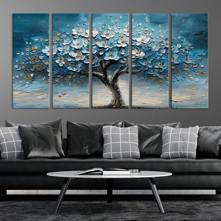 Abstract Blooming Tree Wall Art Print features blue, white, and gold textures on museum-quality canvas, perfect for modern decor.