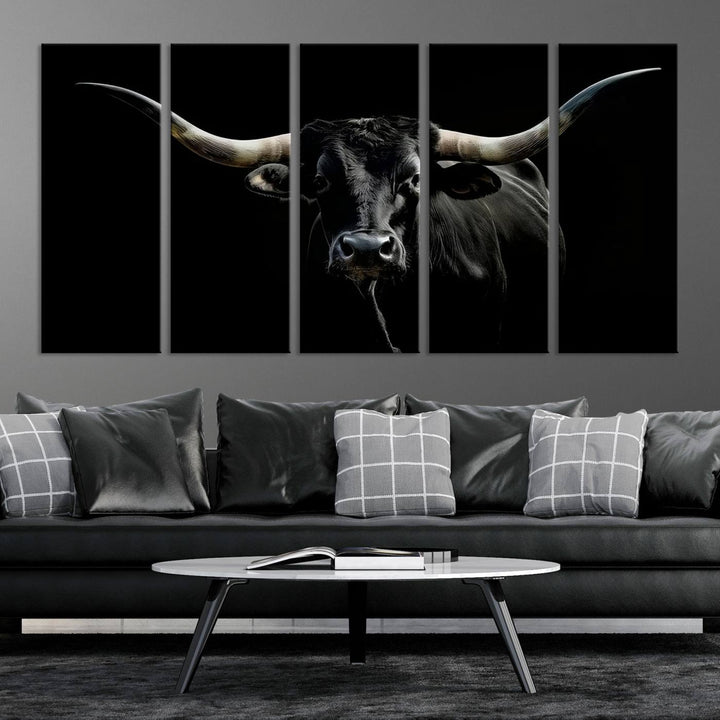 The Texas Black Longhorn Bull Canvas Print, featuring large curved horns set against a dark background, is ideal for Western decor.