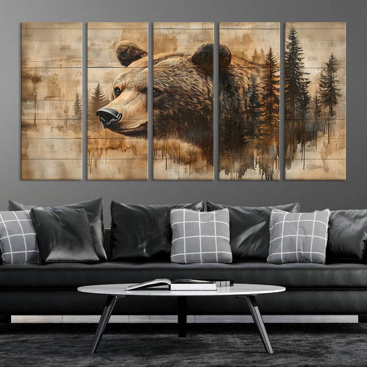 Abstract Rustic Grizzly Bear Wall Art Canvas Print - Woodland Wildlife Forest Print for Farmhouse Decor