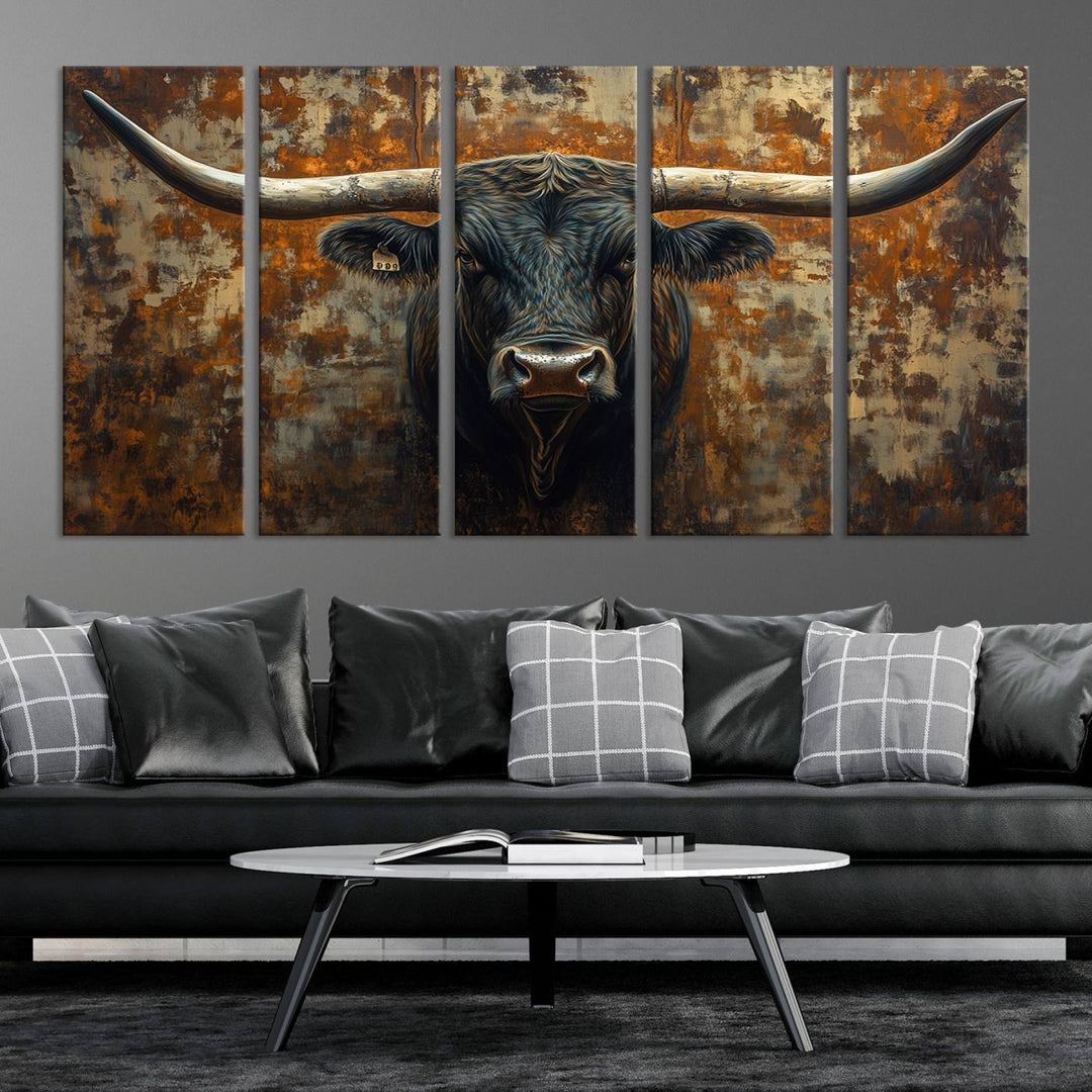 Abstract Longhorn Texas Bull Wall Art | Rustic Farmhouse Canvas Print | Ready to Hang Barn Decor for Farmhouse and Cabin Style