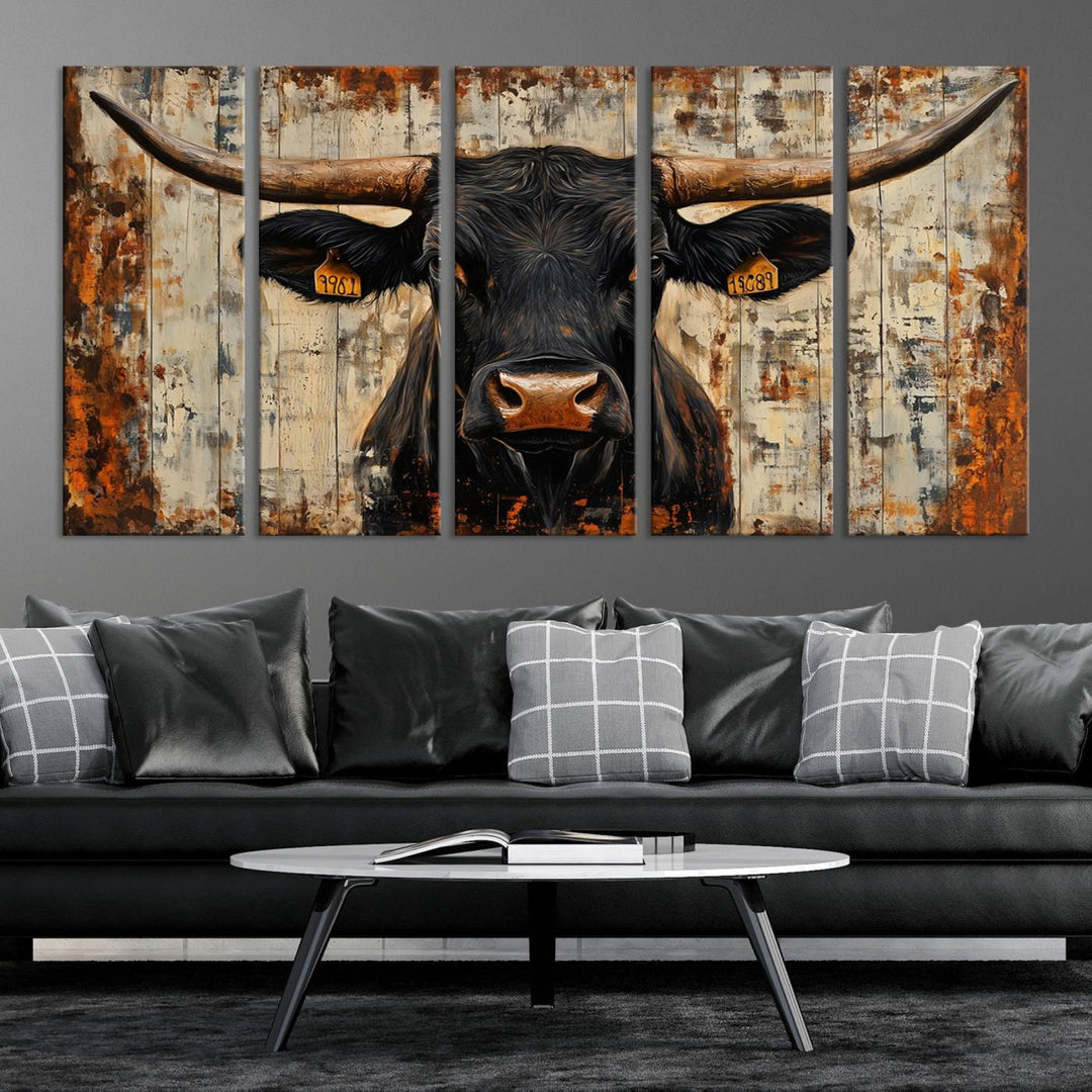 Abstract Cow Longhorn Bull Wall Art Canvas Print - Rustic Texas Western Cattle Artwork