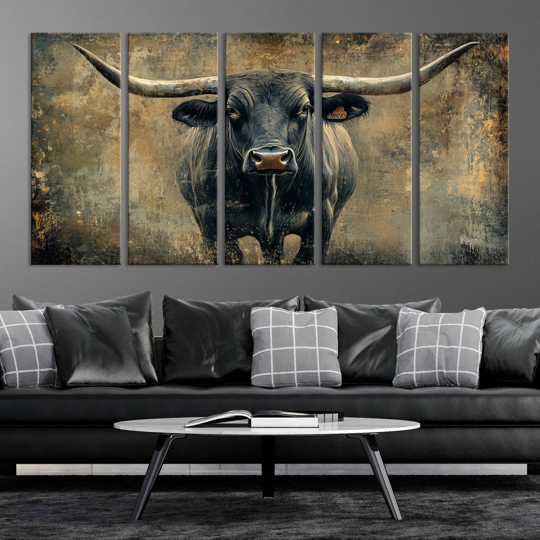 Abstract Cow Longhorn Bull Wall Art Canvas Print - Rustic Texas Western Cattle Artwork