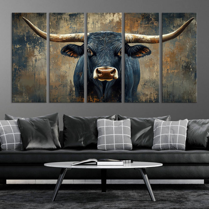 Abstract Cow Longhorn Bull Wall Art Canvas Print - Rustic Texas Western Cattle Artwork