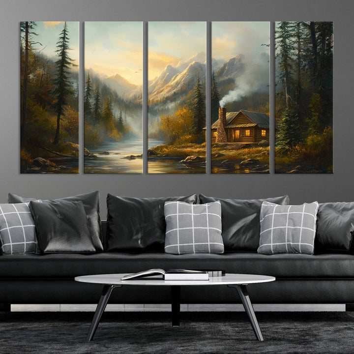 Wood Cabin Retreat Mountain at Sunset Wall Art Print - Serene Forest and River Landscape Wall Art Canvas Print