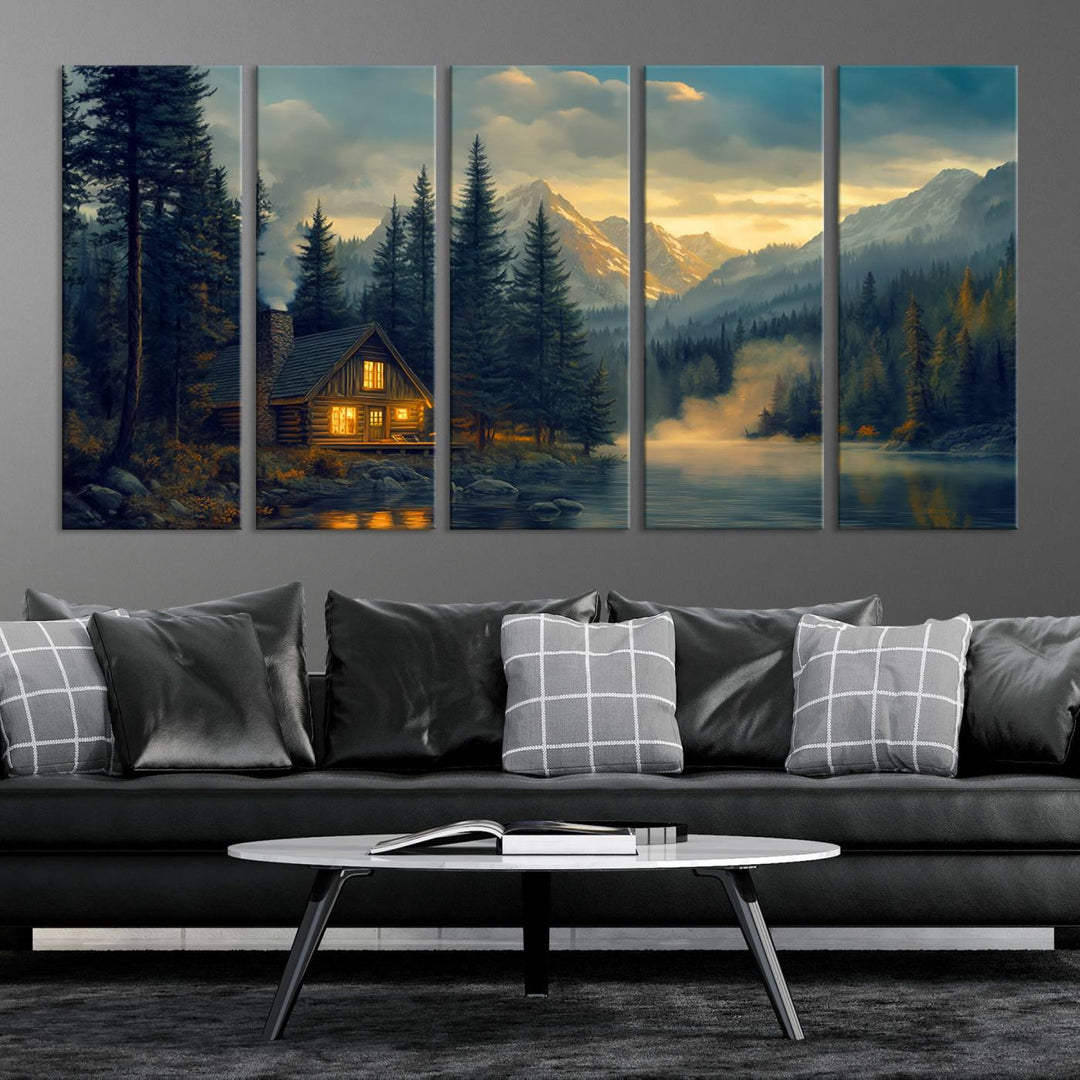 Mountain Cabin by the Lake at Sunset Wall Art - Serene Nature Canvas Print for Living Room Decor, Rustic Lodge Ambiance, 3-Panel Large Wall Art