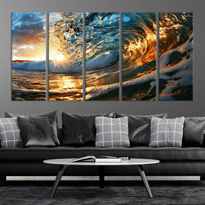 Ocean Wave at Sunset Wall Art | Ready to Hang Triptych Canvas Print | Coastal Wall Art for Living Room | Nautical and Beach House Decor