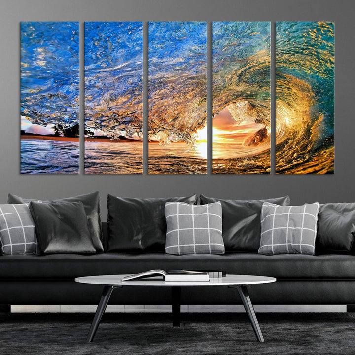 Ocean Wave at Sunset Canvas Print | Large Coastal Ocean Wall Art Print | Vibrant Beach Waves Art Print | Surf Lover Gift | Nautical Decor