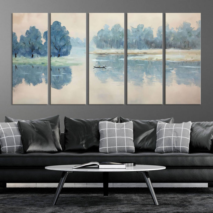 Landscape Printing Lake and Boat Scene | Serene Landscape Wall Art for Nature Lovers | Ready to Hang Triptych Canvas Print | Peaceful Blue Trees and Water Reflection Decor