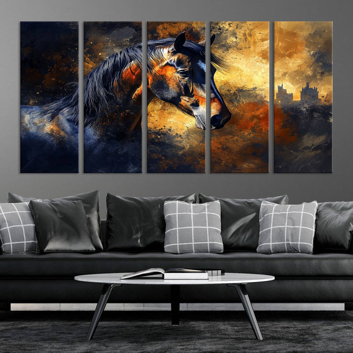 Abstract Horse Art Print on canvas, featuring a colorful background, perfect for rustic farmhouse or equestrian decor.
